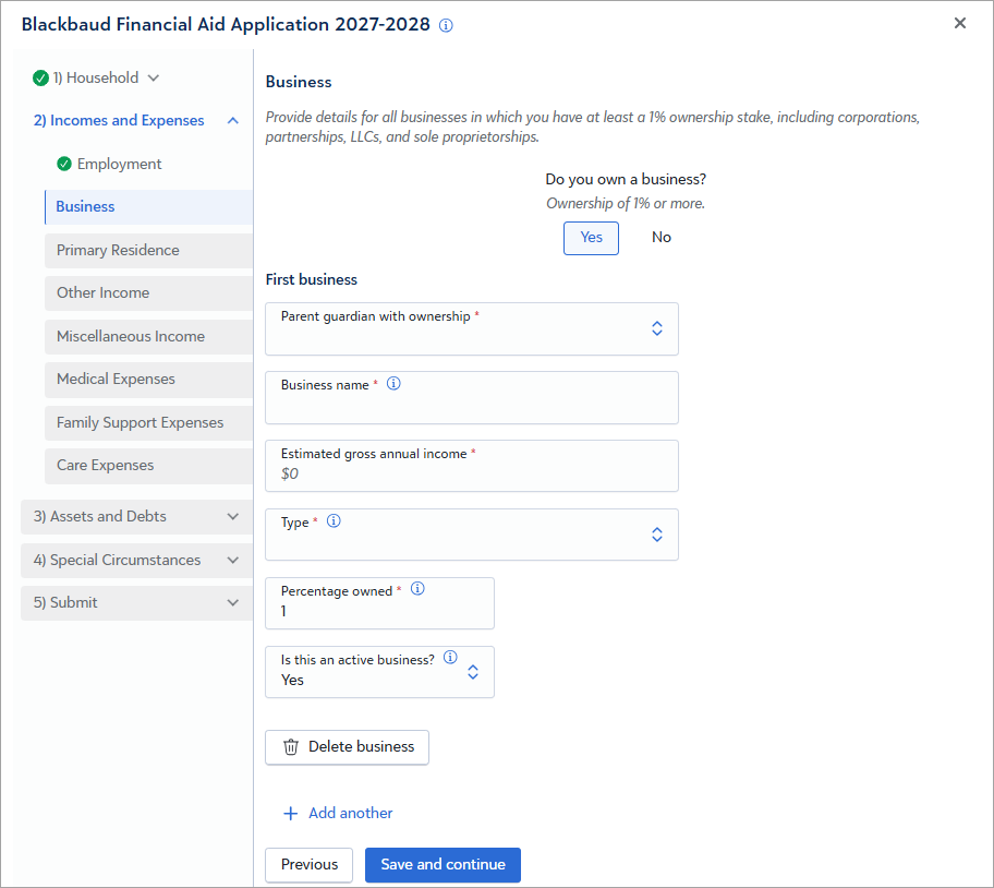 Screenshot of section E. Business Income